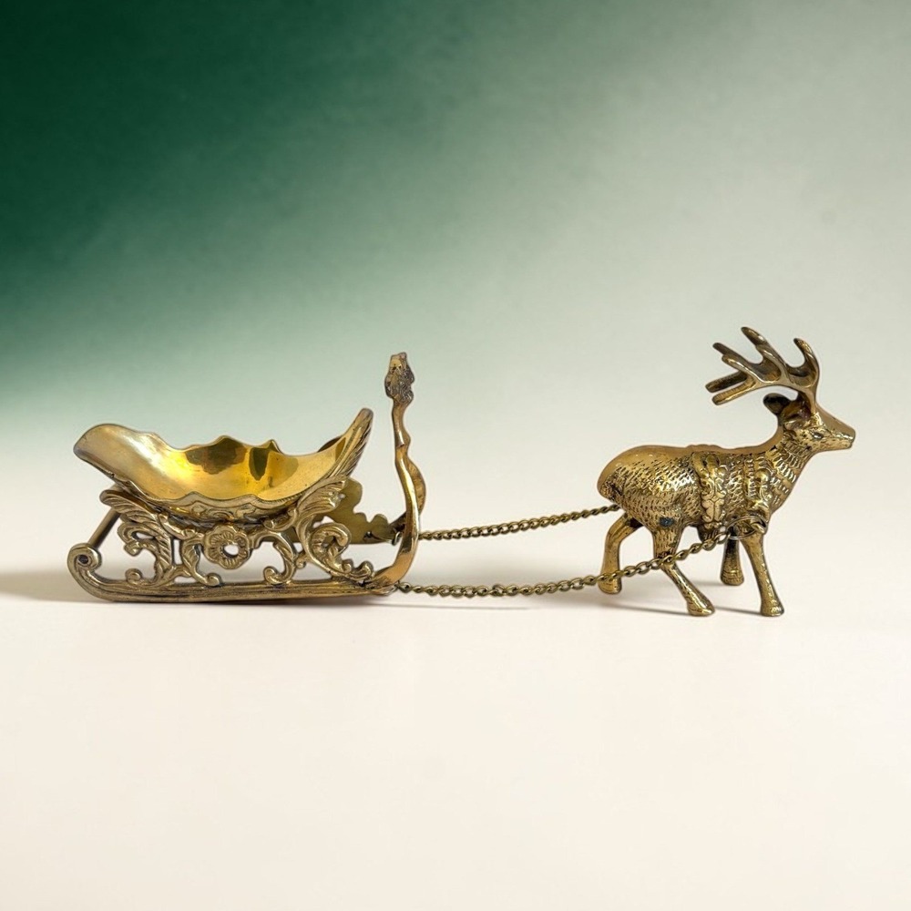Vintage‎ Solid Brass Reindeer and Sleigh Set Ornate Christmas Holiday Decor 12"